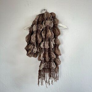 Women’s Brown Ruched Scarf Wrap Fringe Textured Plaid Lightweight 80x11 Boho